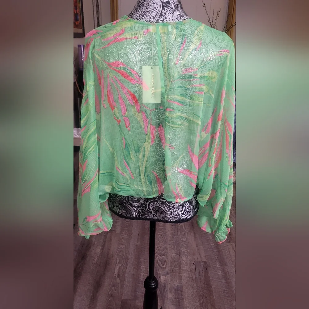 Ramy Brook Green and Pink Sheer Swim Cover Up. G7 - Picture 7 of 9